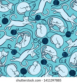 Monochrome seamless vector pattern with cat and ball of yarn on teal background. Perfect for wrapping paper, wallpaper, repeating elements, vintage design, notebook cover, fabric clothes design.