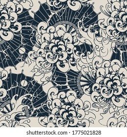 Monochrome seamless vector pattern with chrysanthemums. All colors are in a separate group. Ideal for printing onto fabric and decoration. Vector