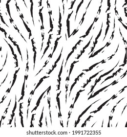 Monochrome seamless vector pattern of corners and flowing lines with torn edges. Black and white pattern of zebra skin. Black grunge texture of zebra stripes.