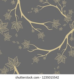 Monochrome Seamless vector pattern with elegant branches on gray background. Bruniches vector illustration. Design for textile, wrapping paper, season decorations.