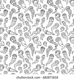 Monochrome seamless vector pattern with jellyfish