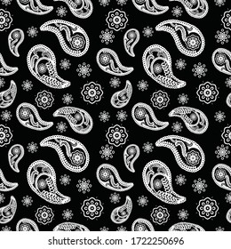 Monochrome seamless vector pattern with paisley. For textile, wrapping in black and white colors.
