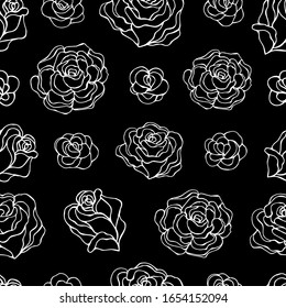 Monochrome seamless vector pattern of roses. Decoration print for wrapping, wallpaper, fabric, textile. Design for birthday, wedding, Valentine's Day, Mother's day, Women's Day and other holiday.
