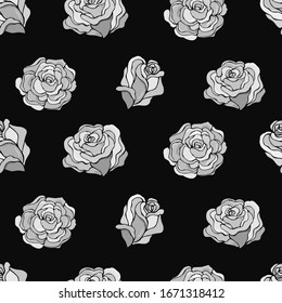 Monochrome seamless vector pattern of roses. Decoration print for wrapping, wallpaper, fabric, textile. Design for birthday, wedding, Valentine's Day, Mother's day, Women's Day and other holiday.