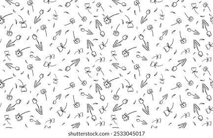 Monochrome seamless vector pattern with simple flowers. Black botanical elements drawing by wax pencil on blackboard. Vector floral background for children's drawing with chalk with doodle elements