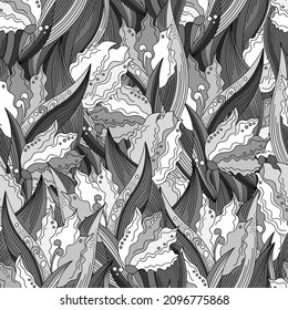 monochrome seamless vector pattern with tulip flowers and leaves in gray shades
