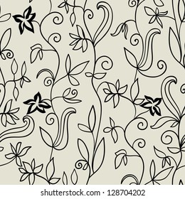 Monochrome seamless wallpaper, floral, hand-drawn