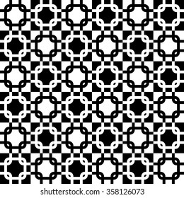 Monochrome, seamlessly repeatable pattern, abstract black and white background with interlocking squares.