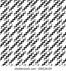 Monochrome, seamlessly repeatable pattern, abstract black and white background with wavy, billowy diagonal lines. Squiggly lines pattern.