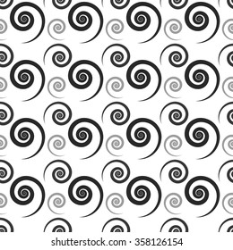 Monochrome, seamlessly repeatable pattern, abstract black and white background with spiral, twirl shapes.