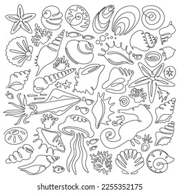 Monochrome seashells collection, one line with endless infinite contour doodle drawing. Set of abstract shapes of ocean shells isolated on white