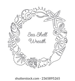 Monochrome seashells wreath, one line with endless infinite contour doodle drawing. Frame of abstract shapes of ocean shells 