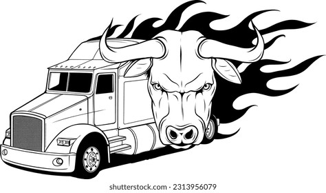 Monochrome semi truck with head bull and flames vector illustration on white background