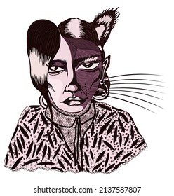 Monochrome sepia vector portrait of sad werewolf, semi-girl, semi-wolf.