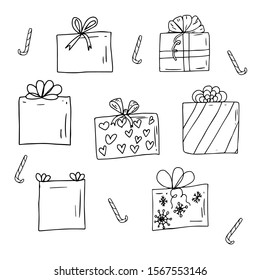 Monochrome set of 7 boxes with gifts isolated on a white background. In the style of art line handmade Scandinavian pattern for the design of textiles, packaging, weddings, icons for sites