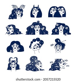Monochrome set with astrological signs. Zodiac funky girl portraits isolated on a white. Vector illustration, tattoo or sticker.
