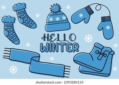 Juego monocromo de botas, pañuelo y mitones, accesorio de invierno cálido, vector de estilo plano