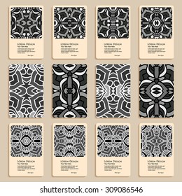 monochrome set of business cards with hand drawn tribal ornament, mandala, for greeting, invitation card, or cover. Vector illustration