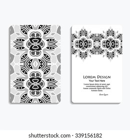 monochrome set of business cards with hand drawn tribal ornament, mandala, for greeting, invitation card, or cover. Vector illustration