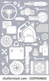 Monochrome set of car parts and elements.