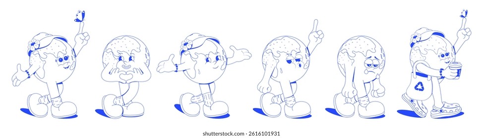 Monochrome set of cartoon characters from planet earth. Earth Day mascots. Vector illustration. Isolated.