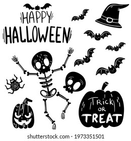 Monochrome set with cartoon decor for Halloween. Skeleton, pumpkin, hat, bat. Vector illustration