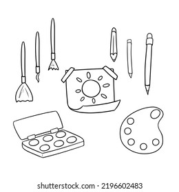 Monochrome set of cartoon-style illustrations on the theme of school and school supplies for drawing , vector on a white background