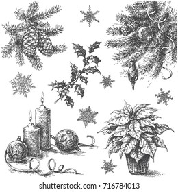 Monochrome Set of Christmas and New Year holidays decorations. Hand drawn Christmas plants, candles and snowflakes isolated on white background. Vector sketch.
