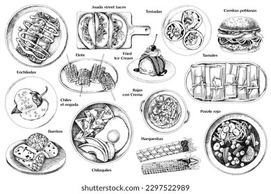 Monochrome set of classic Mexican dishes.