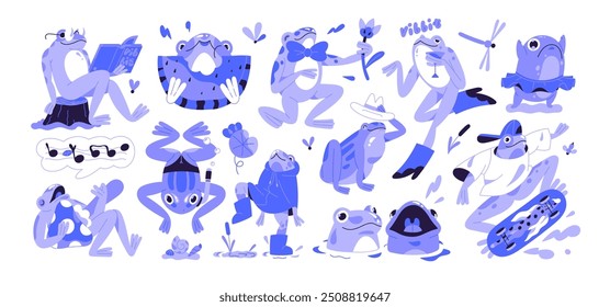 Monochrome set of cute frogs. Amusing toads croak in water, relax. Different funny froggies jump, have fun, diving into pond. Swamp amphibians. Flat isolated vector illustrations on white background