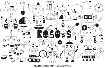 Monochrome set of cute robot and transformer characters isolated on white background. Robotics for kids. Vector illustration. Lettering robots.