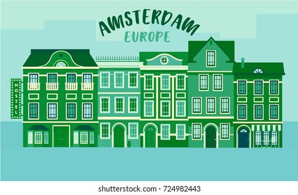 Monochrome set detailed old European houses. Shades of green. Vector flat illustration for web or advertising materials