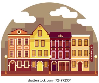 Monochrome set detailed old European houses. Vector flat illustration for web or advertising materials