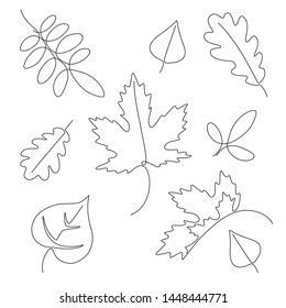 monochrome set of different leaves drawn with one line.