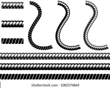 Monochrome Set Different Rope In Silhouette Style. Seamless Shape Consisting Of Braided Cord, For Graphic Design Of Logo, Emblem, Symbol, Sign, Badge, Label, Stamp, Isolated On White Background.