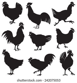 monochrome set of different silhouettes of chickens