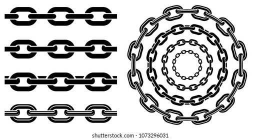 Monochrome set different type of metal chains in silhouette style. Seamless shape, for graphic design of logo, emblem, symbol, sign, badge, label, stamp, isolated on white background.