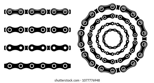 Monochrome set different type of metal motorcycle chains in silhouette style. Seamless shape, for graphic design of logo, emblem, symbol, sign, badge, label, stamp, isolated on white background.