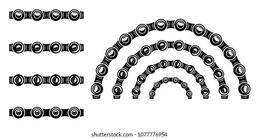 Monochrome set different type of metal motorcycle chains in silhouette style. Seamless shape, for graphic design of logo, emblem, symbol, sign, badge, label, stamp, isolated on white background.