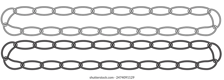 Monochrom setzen verschiedene Arten von Metallketten im Silhouettenstil. Nahtlose Form, für Grafikdesign von Logo, Emblem, Symbol, Zeichen, Abzeichen, Etikett, Stempel, isoliert auf weißem Hintergrund