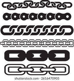 Monochrome set different type of metal chains in silhouette style. Seamless shape, for graphic design of logo