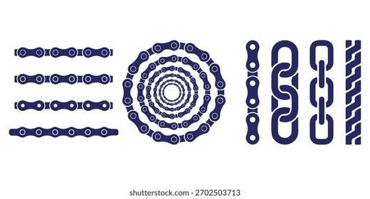 Conjunto monocromático de diferentes tipos de cadenas de metal en estilo silueta. Forma inconsútil, para el Diseño gráfico del logotipo, emblema, símbolo, muestra, insignia, etiqueta, sello, aislado en el fondo blanco.