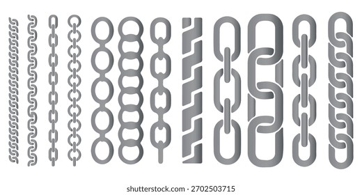 Conjunto monocromático de diferentes tipos de cadenas de metal en estilo silueta. Forma inconsútil, para el Diseño gráfico del logotipo, emblema, símbolo, muestra, insignia, etiqueta, sello, aislado en el fondo blanco.