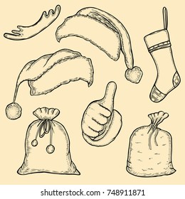 Monochrome Set doodle Christmas hats bag, socks for your creativity. Vector illustration
