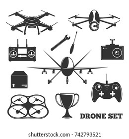 Monochrome set of drone elements with controller, photo camera, repair tools, package, trophy isolated vector illustration