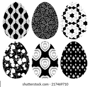 Monochrome set of Easter eggs with pattern on white background