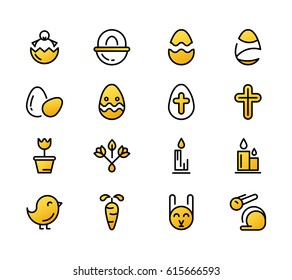 Monochrome set of easter yellow icons with eggs, animal, candle, cross and many different traditional elements and objects on the white background vector illustration