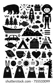 Monochrome set of elements in Scandinavian style for modern posters and prints. Vector illustration