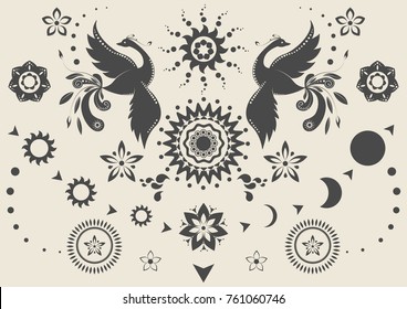 Monochrome set of elements in Scandinavian style for modern posters and prints. Fairytale birds, the cycle of the sun and the moon. Vector illustration