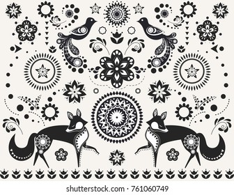 Monochrome set of elements in Scandinavian style for modern posters and prints. Birds and foxes with folk patterns. Vector illustration